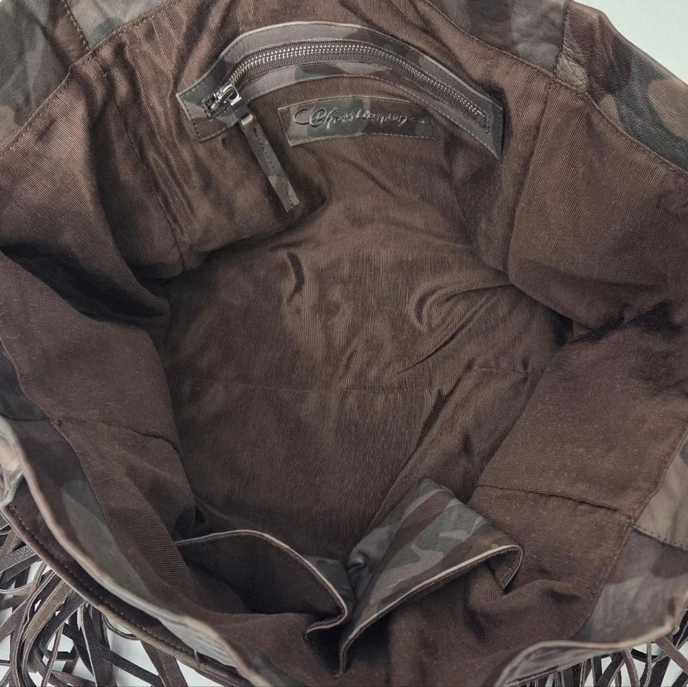 FREE PEOPLE CHRISTIANSEN CAMUFFARE CAMO CAMOUFLAGE LEATHER FRINGE TOTE BAG